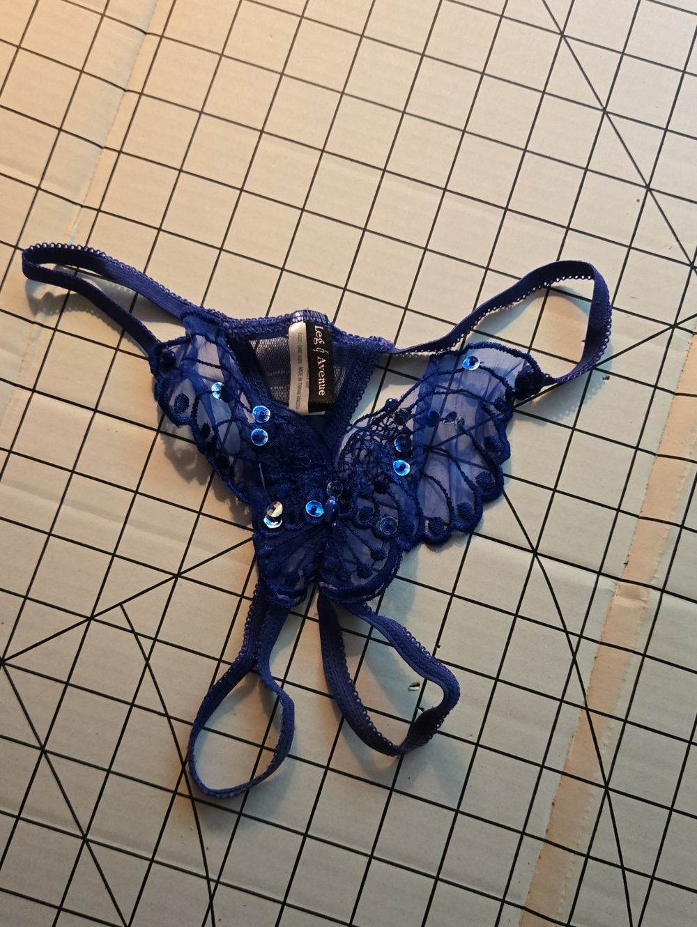 Vintage Leg Avenue Blue Embellished Lace Butterfly Thong: Z